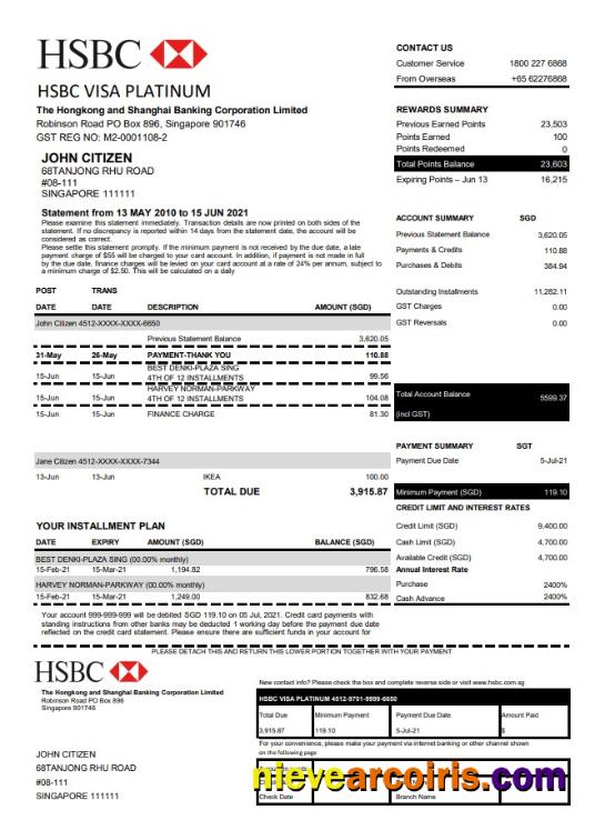 Hong Kong HSBC bank Visa Platinum credit card statement in .xls and .pdf file format